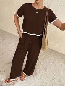 SHEIN Frenchy 女士度假休闲撞色滚边上衣和裤子两件套 - 棕色 - 查看 6