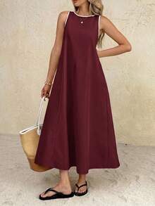 Vestido largo de cuello redondo casual para mujer, adecuado para uso diario y citas - Burdeos - Ver 3