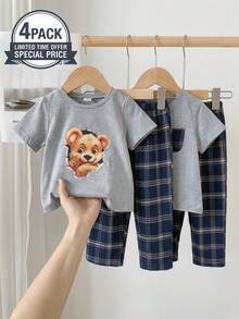 SHEIN Bộ đồ ngủ 2 mảnh kẻ caro cho bé trai Dozemod Kids gồm áo thun có túi và quần short kẻ caro, đồ ngủ thoải mái thường ngày. - Xanh và trắng - Xem 1
