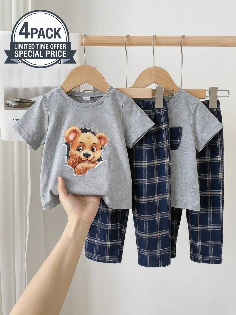 SHEIN Bộ đồ ngủ 2 mảnh kẻ caro cho bé trai Dozemod Kids gồm áo thun có túi và quần short kẻ caro, đồ ngủ thoải mái thường ngày. - Xanh và trắng - Xem 1