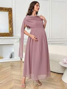SHEIN Maternity Solid Color Pleated Casual Vacation Dress - Dusty Pink - View 5