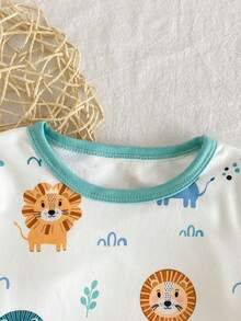 SHEIN 2pcs/Set Young BoyCute Cartoon Lion Print Short Sleeve Shorts Snug Fit Pajamas Set - Multicolor - View 4