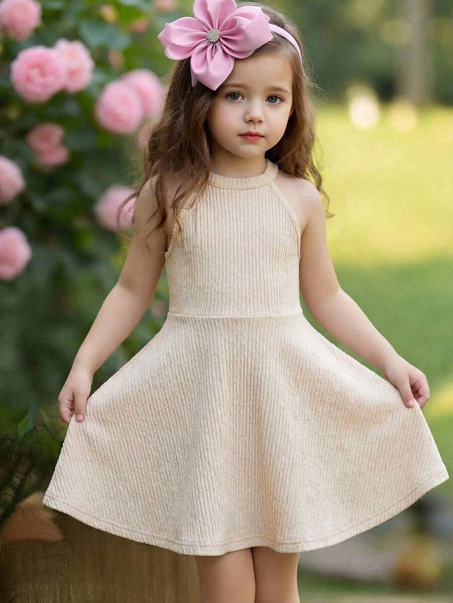 SHEIN Young Girl's Elegant Fairy Summer Party Dress,Solid Black Stand-Up Collar Sleeveless Waist A-Line Orange Sisters Outfit For New Year Birthday,Kids - Apricot - View 1