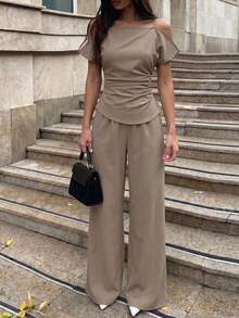 Modelyn Slip Strap Off Shoulder Ruched Waist Casual Trouser Suit Soft Breathable Textured Linen Blend Fabric Minimalist Old Money Casual Chic - Khaki - View 4