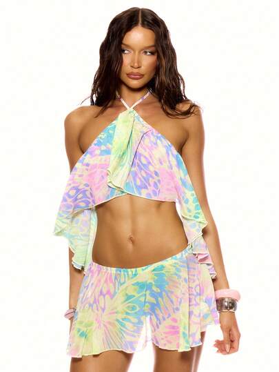 MUSERA Vestido mini de gasa con cuello halter, espalda baja con escote, volantes en el bajo y estampado de alas de mariposa. Sexy, femenino, para verano, primavera, Ibiza, salidas, vacaciones, festivales y fantasía