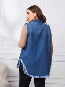 SHEIN CURVE+ 大码女式休闲单排扣毛边牛仔背心外套 - 藍色 - 查看 2
