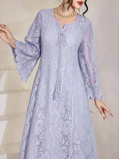 SHEIN Najma Đầm xòe tay lửng 3/4 cổ vuông phối ren tua rua dành cho nữ