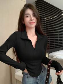 Joudiya Asymmetrical Hem Long Sleeve T-Shirt,Fall Clothes - Black - View 5