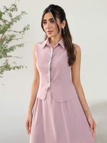 Modelyn Women's Rhinestone Embellished Top And Skirt Elegant 2 Pieces Set - Dusty Pink - View 9