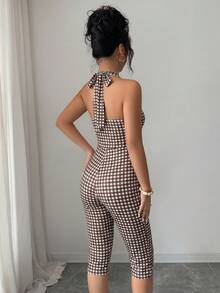 Selianne Women's Black And White Plaid Halter Jumpsuit,Slim Fit Shaping, Outdoor & Commute Summer Vintage Holiday Vacation Holiday,Casual All Seasons - Multicolor - View 2