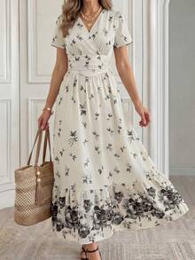 Miaspire Women's Floral Print Wrap V-Neck Short Sleeve Dress,Beige Summer Boho Holiday Vacation Holiday Festival Outfits,Elegant Ruffle Skirt Dress Vacation - Multicolor - View 1