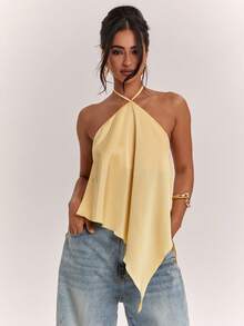 SHEIN BAE Áo hai dây satin màu vàng trơn, kiểu dáng thường ngày, hở lưng, vạt bất đối xứng, thích hợp cho kỳ nghỉ biển, kỳ nghỉ thư giãn cùng chị em, áo hai dây thanh lịch, áo hai dây satin tiện dụng, áo hai dây satin màu vàng, áo hai dây sang trọng. - Vàng nhạt - Xem 4