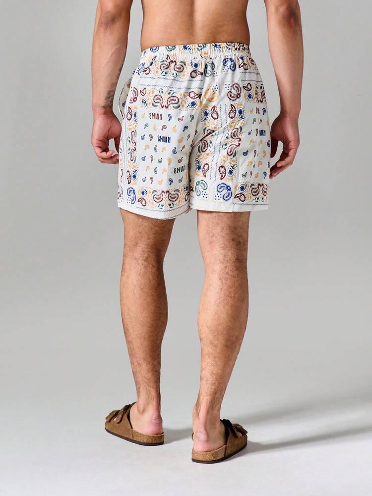 Paisley Bandana Print Nylon Swim Trunks With Drawstring Waist Summer Beach Holiday Shorts