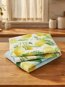 2 chiếc khăn bếp họa tiết trái cây màu nước và kẻ caro vàng in hình chanh dùng để rửa và lau khô bát đĩa trang trí nhà bếp - Màu vàng - Xem 3