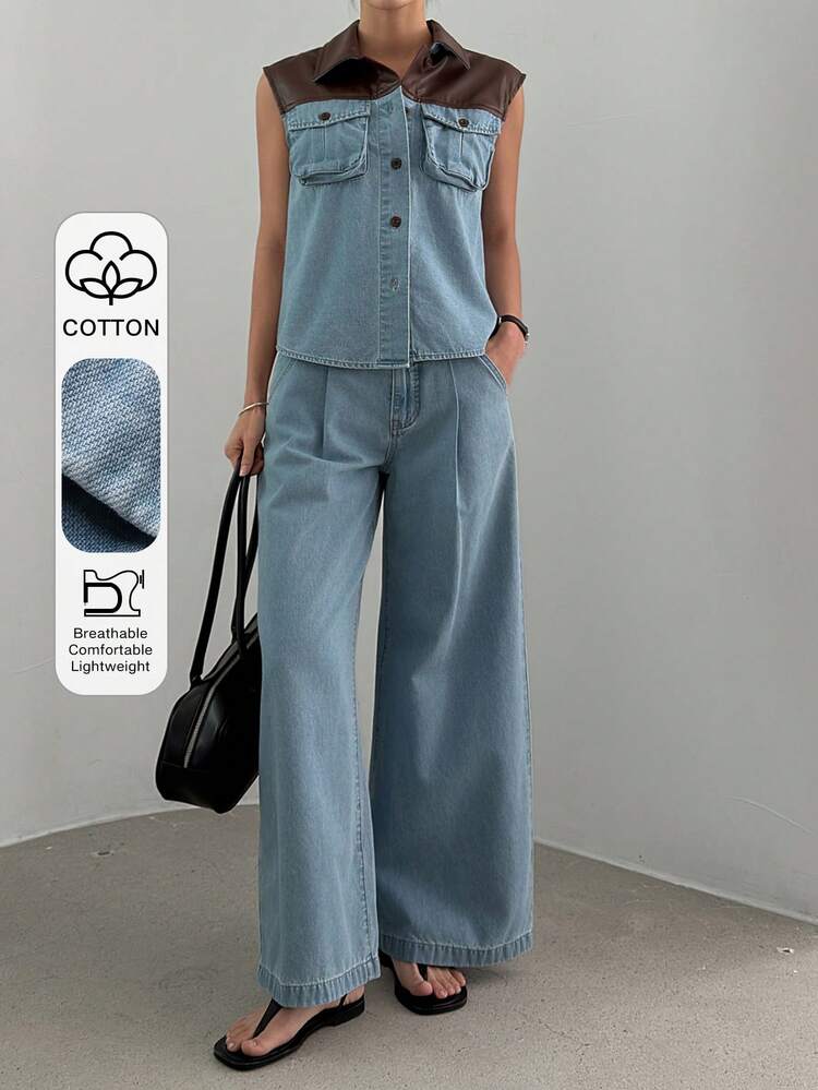 Women's Contrast Color PU Patchwork Lapel Logistics Denim Top And Pleated Loose Wide-Leg Jeans Casual Suit