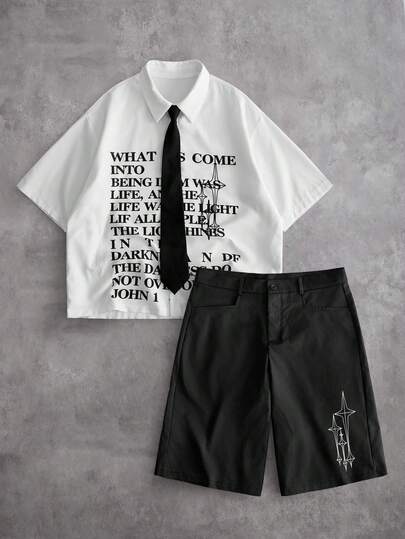 ROMWE MEN Men's Letter Print Short Sleeve Shirt And Solid Color Shorts Set