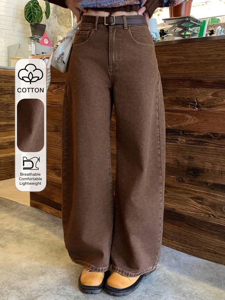 Women's Loose Straight Leg Brown Jeans, Casual Street Style
