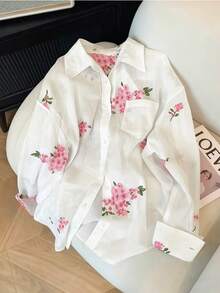 Airaco Camisa de mujer de manga larga con botones, de estilo casual y romántico, con bordado floral - Blanco - Ver 1