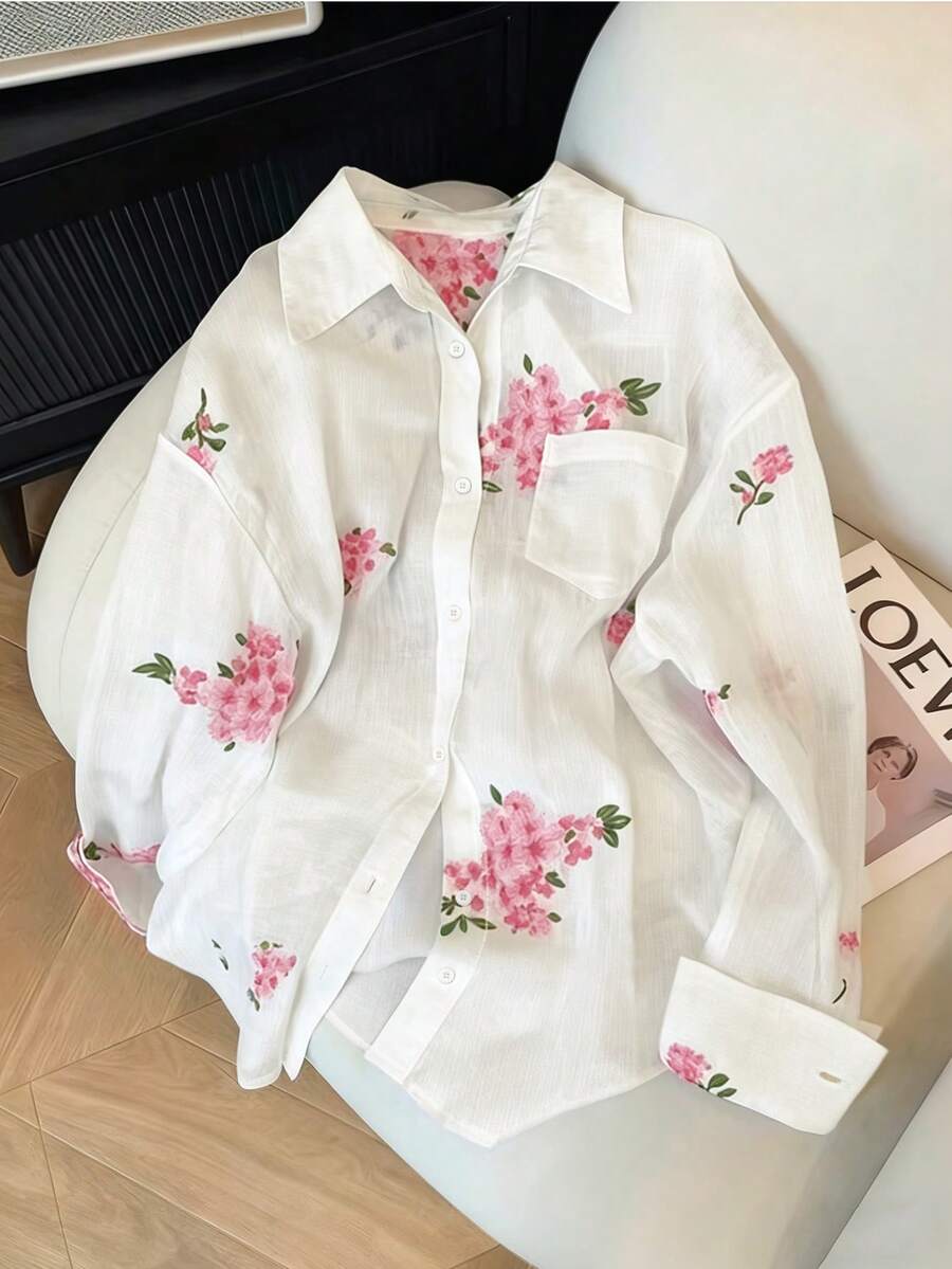 Airaco Camisa de mujer de manga larga con botones, de estilo casual y romántico, con bordado floral - Blanco - Ver 1