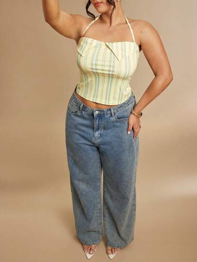 SHEIN BAE Plus Size Women Striped Lapel Cropped Top Vest,Chic Summer Halter Neck Striped Crop Top And Jeans Outfit For Women
Women's Casual Striped Halter Top With Collared Detail And Denim For A Two Piece Outfit
Yellow Striped Halter Neck Crop Top Matched With Blue Jeans For A Complete Look