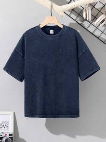 SHEIN Áo thun dệt kim tay ngắn cổ tròn dáng rộng, màu bạc, dành cho trẻ em/bé trai, thích hợp mặc đi học, làm vườn, đi biển, dự sinh nhật, mùa xuân, hè, thu, đông. - Màu xanh hải quân - Xem 7