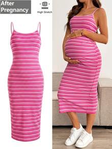Lyckli Maternity Striped Print Fitted Stylish Camisole Dress - Pink - View 1