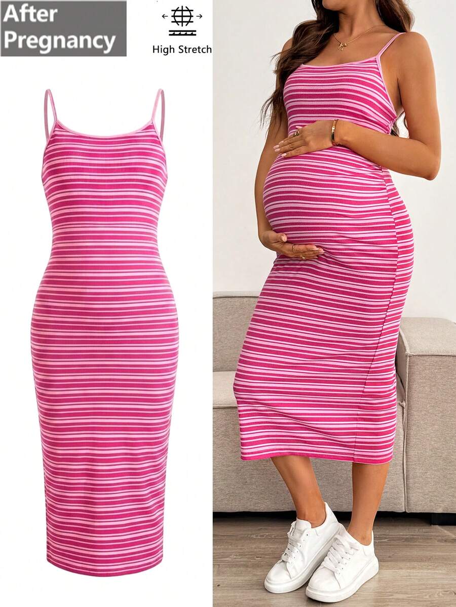 Lyckli Maternity Striped Print Fitted Stylish Camisole Dress - Pink - View 1