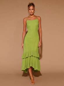 COSMINA Women's Elegant Ruffle Hem Long Sleeve Round Neck Dress, Suitable For Dates, Parties, All Seasons,Dresses For Women Summer - Green - View 7
