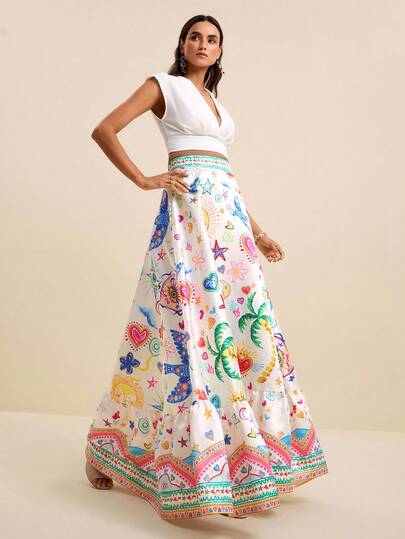 LOTSLUV Women's Colorful Playful Pattern Printed A-Line Long Satin Skirt,White,Summer,Euro,Tea Party,Vacation,Holiday Floral Skirts For Spring/Summer Vacation