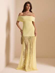 SHEIN BAE Vestido amarillo de encaje calado sin hombros y sin mangas, vestido amarillo, vestido elegante - Amarillo - Ver 5