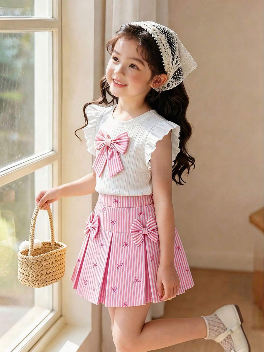 Elladie kids 女童夏季无袖上衣,饰有3D蝴蝶结,搭配条纹蝴蝶结图案半身裙,腰间亦有蝴蝶结装饰,适合休闲、优雅、可爱的日常及假日穿着。 - 粉色 - 查看 1