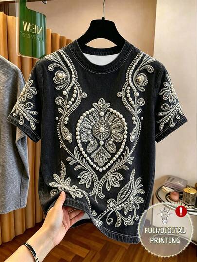 Franclia Women's Casual Comfortable Printed Diamond & Pearl Decor Short Sleeve Round Neck T-Shirt