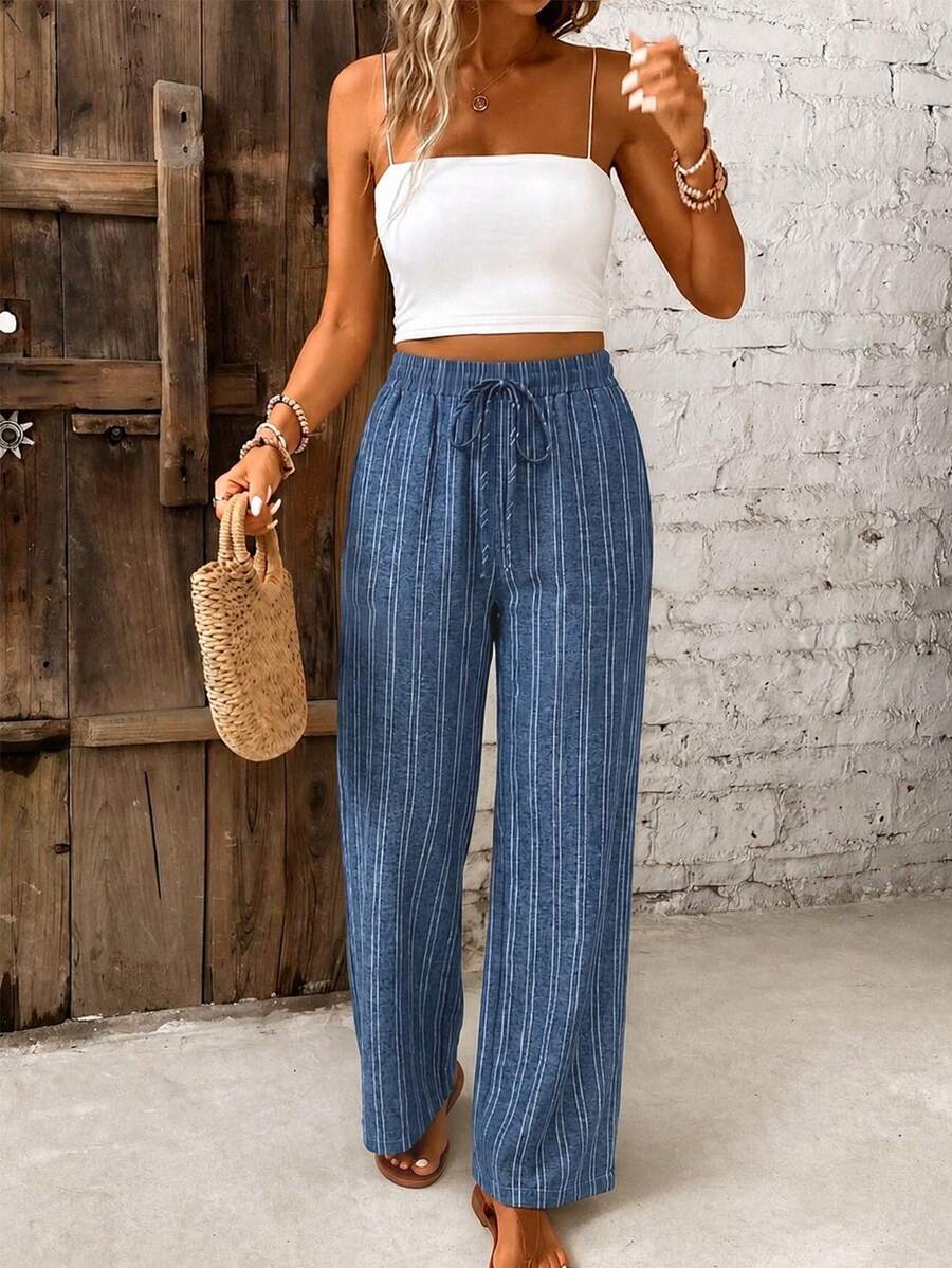 SHEIN Frenchy Quần nữ kiểu dáng tối giản, chất liệu giả denim màu xanh dương phối sọc trắng, thích hợp cho kỳ nghỉ xuân/hè. - Nhiều màu - Xem 1