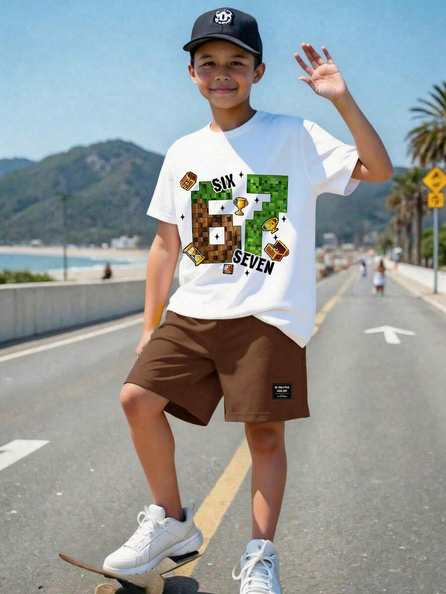 青少年男童休闲舒适简约圆领短袖T恤和短裤套装 - 彩色 - 查看 1