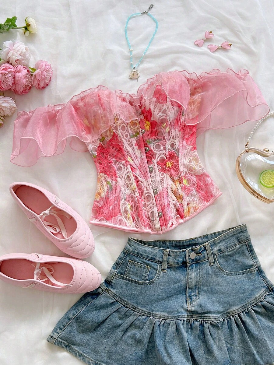 Soleia Áo nữ trễ vai phối lưới thời trang đa năng phong cách thường ngày - Nhiều màu - Xem 1