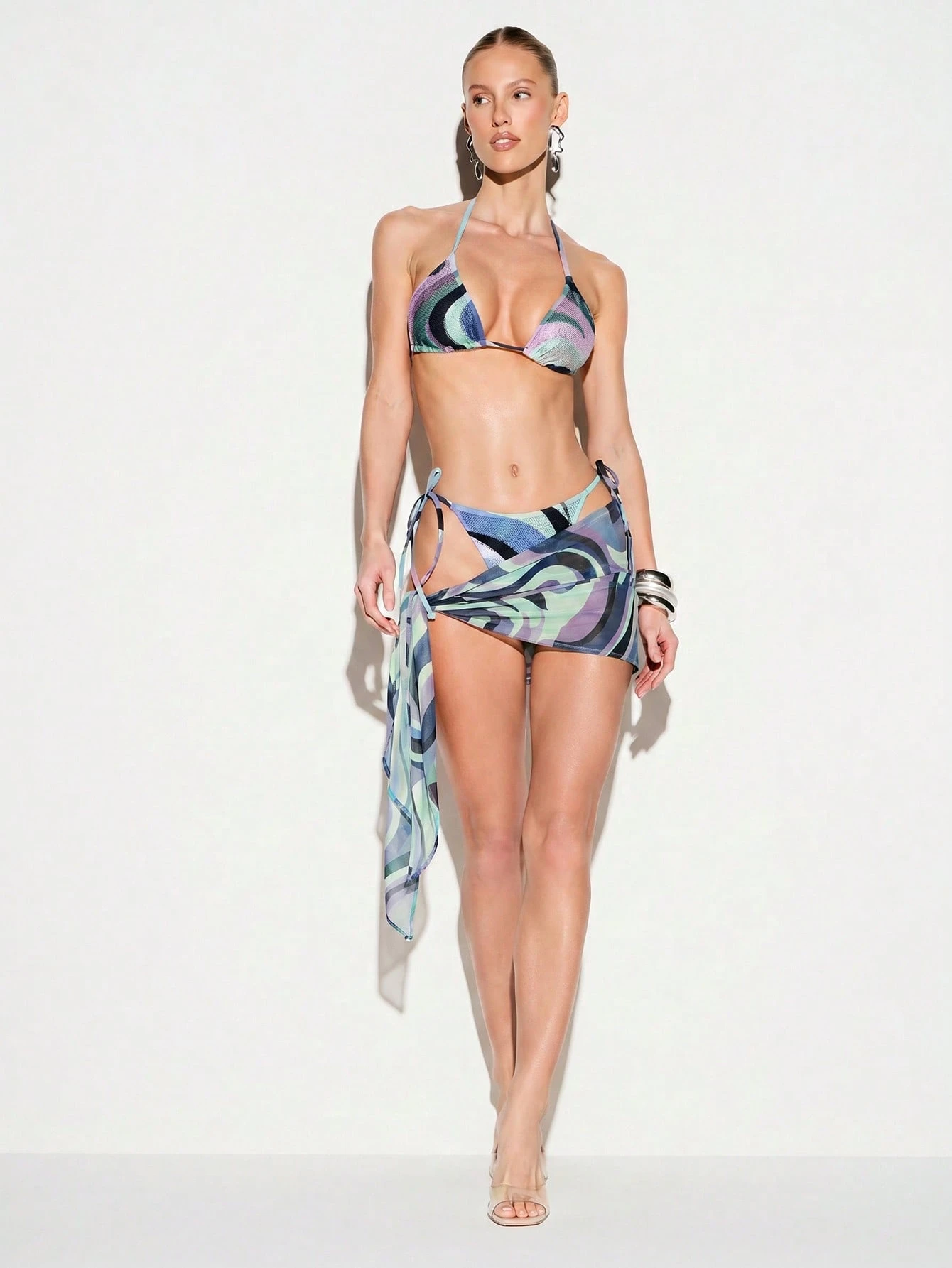 Swirl Print Mesh Sarong Cover Up