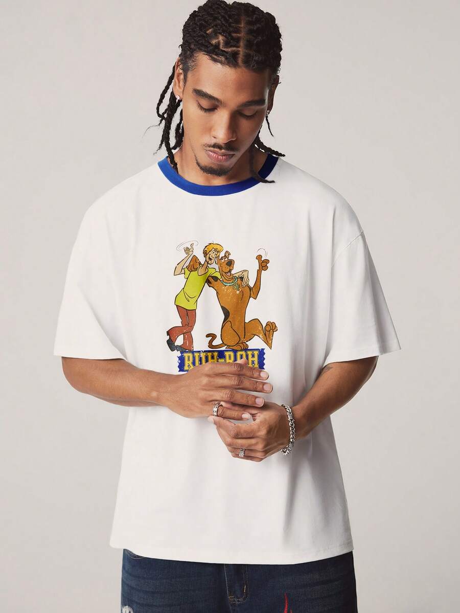SCOOBY-DOO X SHEIN Áo thun nam in hình hoạt hình phong cách thường ngày, thích hợp cho mùa hè. - trắng - Xem 1