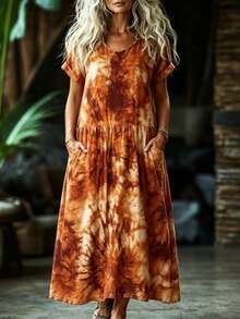 Linavere Women's Tie-Dye Round Neck Short Sleeve Casual Loose Dress - Multicolor - View 1