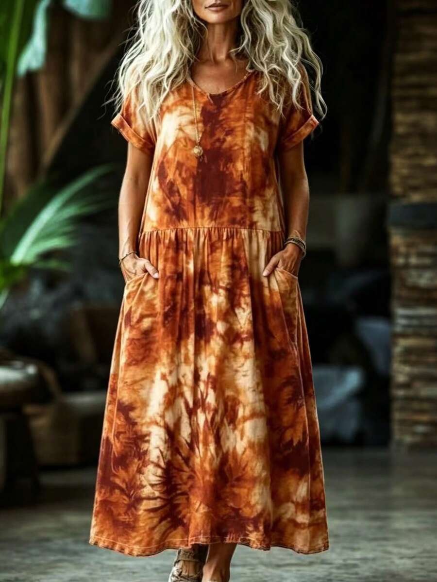 Linavere Women's Tie-Dye Round Neck Short Sleeve Casual Loose Dress - Multicolor - View 1