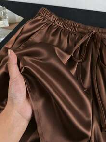 GlowEve Quần short nữ thời trang, thanh lịch, màu trơn, cạp cao, lưng thun, có dây buộc, túi chéo, dáng rộng, thoải mái, mặc hàng ngày. - Cà phê nâu - Xem 3