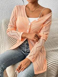 EMERY ROSE Áo khoác cardigan dệt kim mỏng cổ chữ V khoét lỗ dành cho nữ, thiết kế Hàn Quốc. - Màu Cam san hô - Xem 6