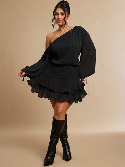 SHEIN BAE Plus Size Women Black Asymmetric Ruffled Asymmetrical Shoulder Jumpsuit