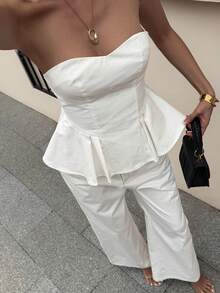 DAZY Cotton White Bustier Ruffle Hem Top And Casual Jeans Pants Set, Suitable For Party, Beach, Holiday, Summer - White - View 7