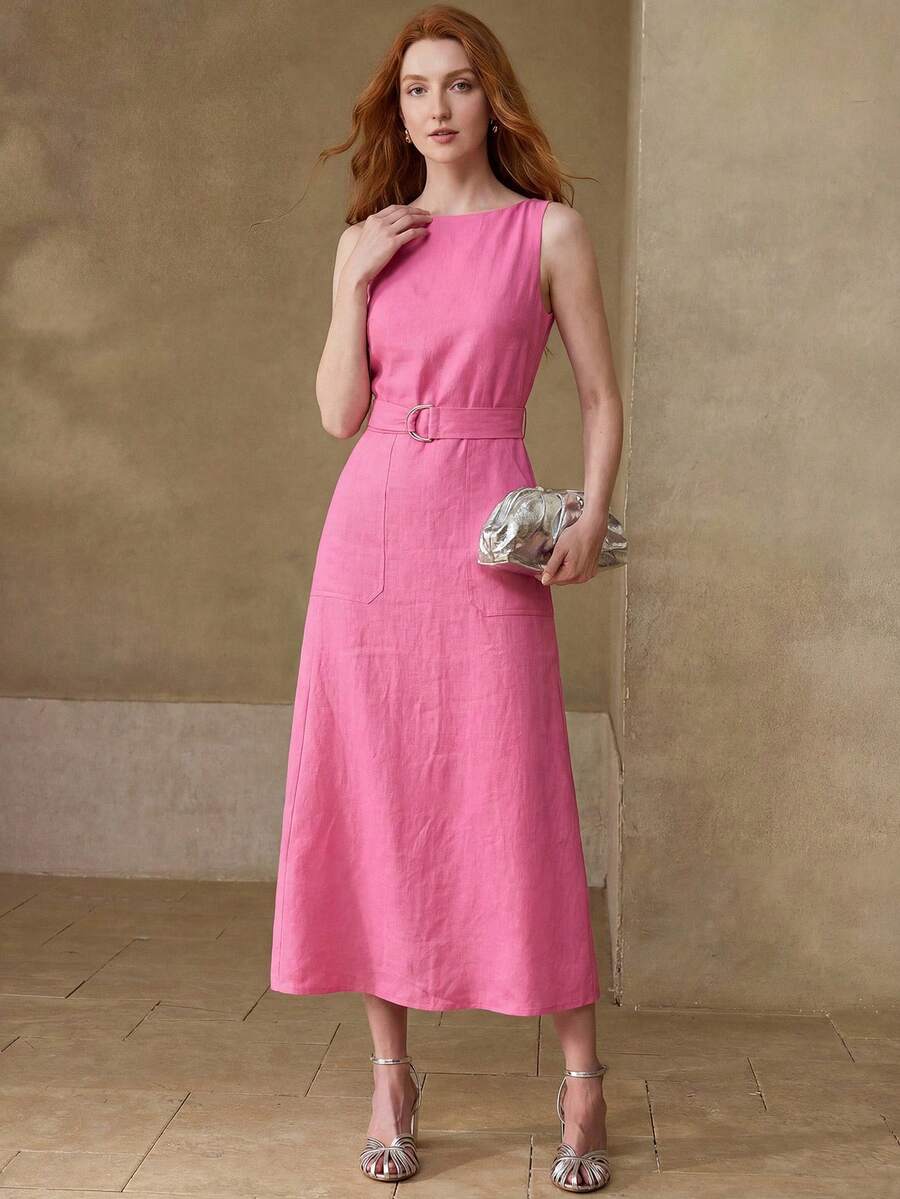 MOTF PREMIUM VESTIDO DE LINO CON CINTURÓN - Rosa Fucsia - Ver 2