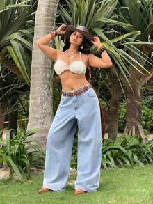 Jeanoix Quần jeans nữ dáng suông rộng rãi, chất liệu wash nhẹ, cỡ lớn, phong cách Y2K. - Rửa nhẹ - Xem 4
