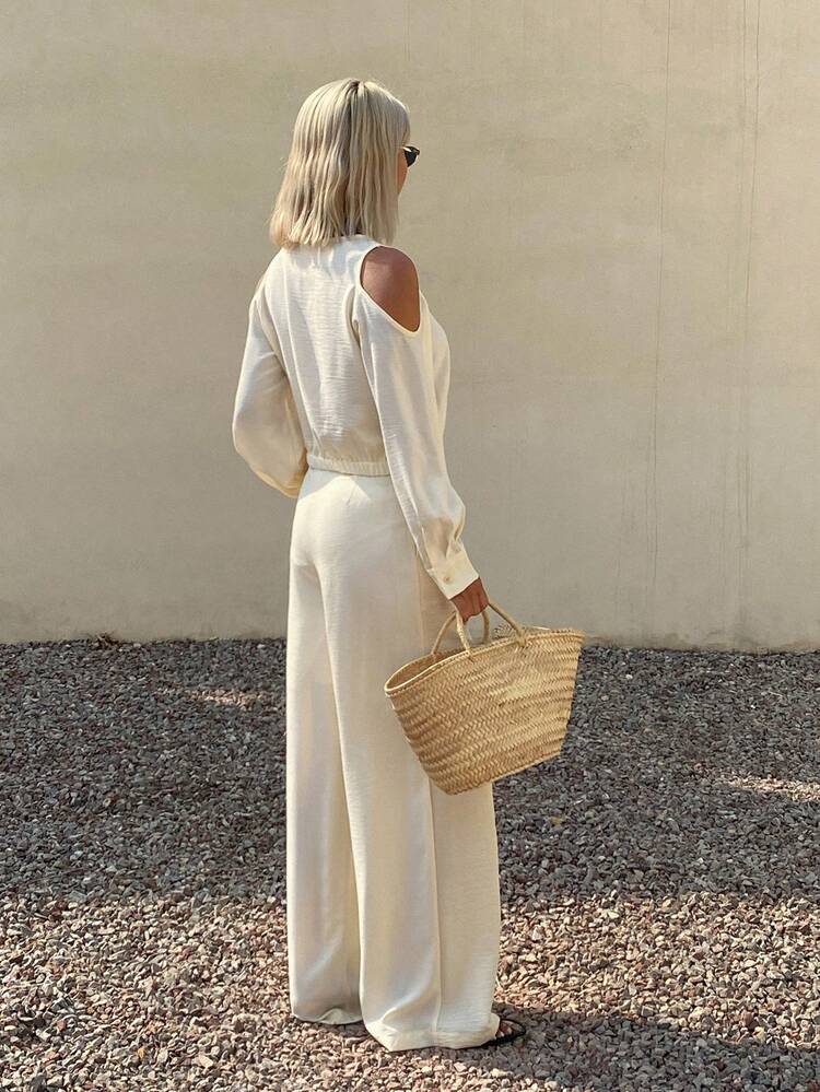 2pcs/Set Korean Style Summer Off-Shoulder Blouse And Wide Leg Pants Outfit For Women