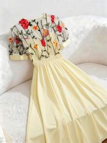 GlowEve Women's Pale Yellow Elegant Summer Brunch Dress,Embroidered Patchwork V-Neck A-Line French Retro Sweet Short Sleeve Mid-Length Daily Vacation Fashion - Light Yellow - View 2