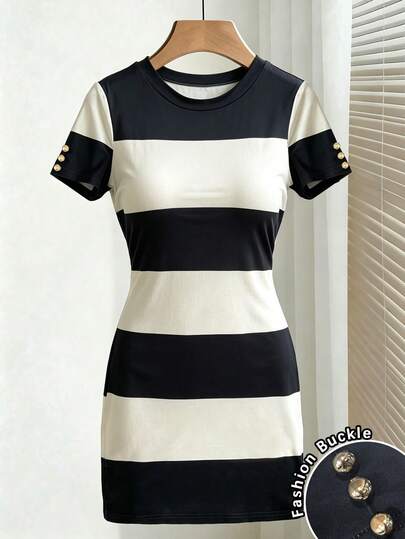 Airaco Black & White Striped Slimming Bodycon Mini Skirt, Round Neck Short Sleeve Metal Button Decor, Versatile For Daily Commute