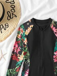SHEIN Tween Girls Tropical Plant Print Fitted Short Sleeve One-Piece Swimsuit,Casual Vacation,Suitable For Spring/Summer Travel,Beach Resort,Black - Black - View 4