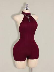SHEIN ICON Bộ jumpsuit ôm sát cổ cao hở lưng màu đen dành cho nữ, kiểu dáng cơ bản thường ngày. - Màu Đỏ Sâu - Xem 9